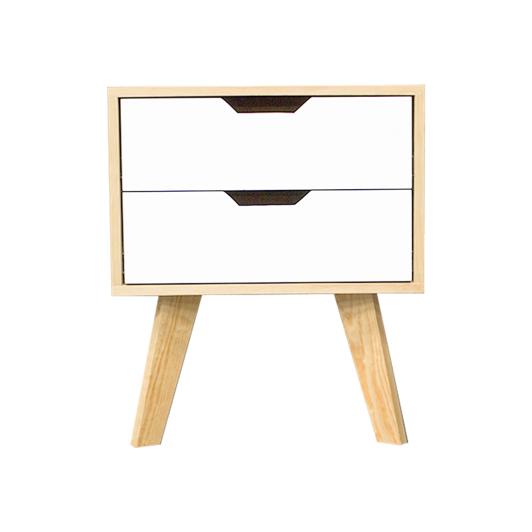 Buró Teodoro Nordic Edition, vista frontal del buró con dos cajones en blanco y base natural.
