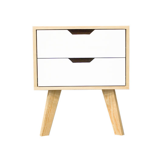 Buró Teodoro Nordic Edition, vista frontal del buró con dos cajones en blanco y base natural.