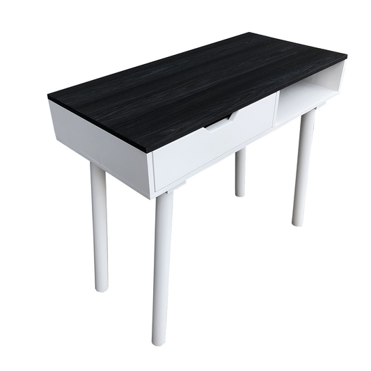 Escritorio Pisa, vista lateral del mueble en colores blanco y negro con acabado liso.