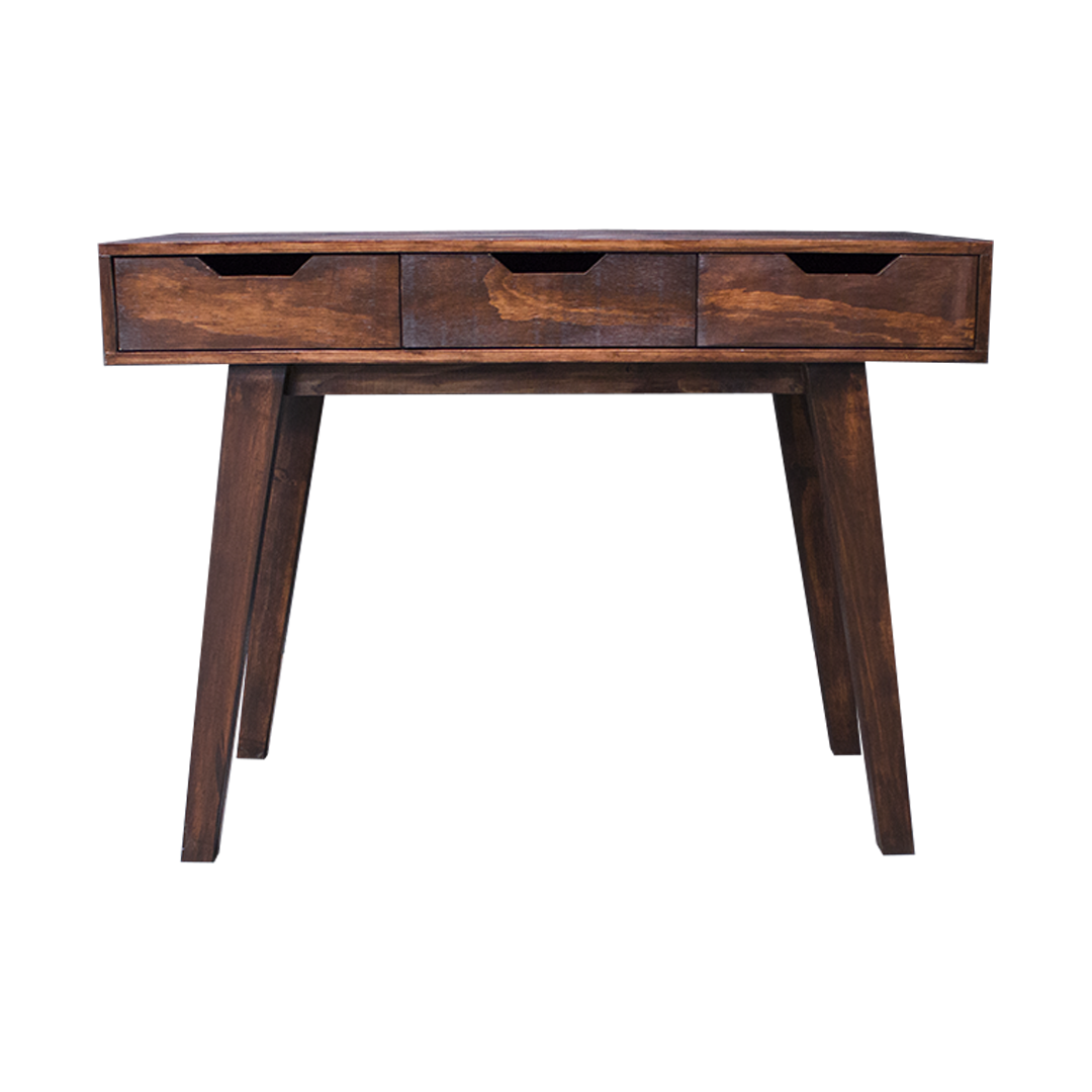 Escritorio Burg Nogal, parte frontal del artículo de oficina mostrando los acabados en los cajones integrados en color café barnizado.