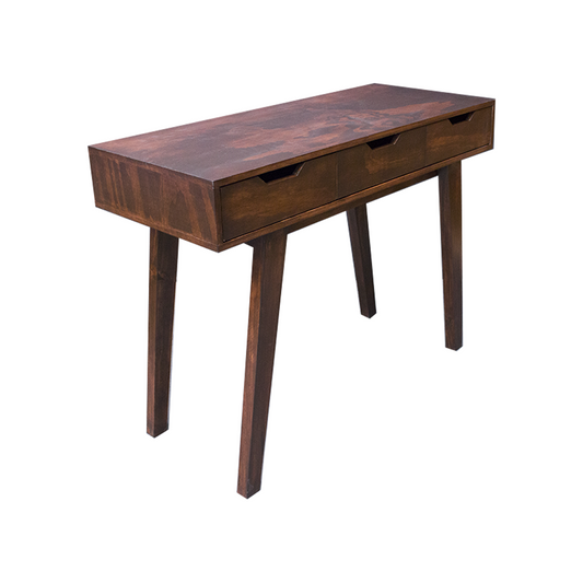 Escritorio Burg Nogal, vista lateral del artículo con cajones integrados en color café barnizado.