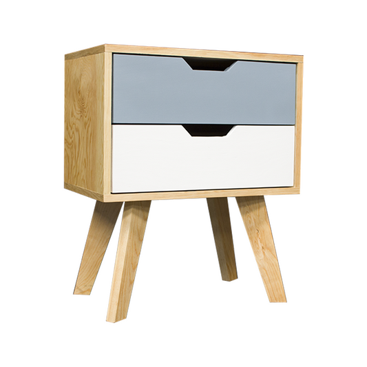 Buró Teodoro Grey, buró minimalista en color natural con cajones en color gris y blanco.