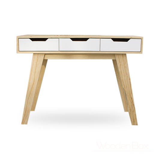 Escritorio Burg, muestra frontal del artículo de oficina con tres cajones incluidos en color blanco y acabados de madera natural.