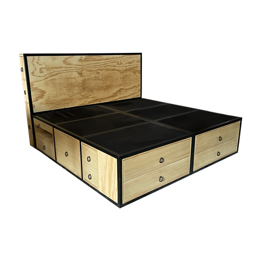 Recámara Oslo Industrial, base desde una vista lateral, luciendo los detalles de los burós de la parte inferior y la cabecera en un tono natural.