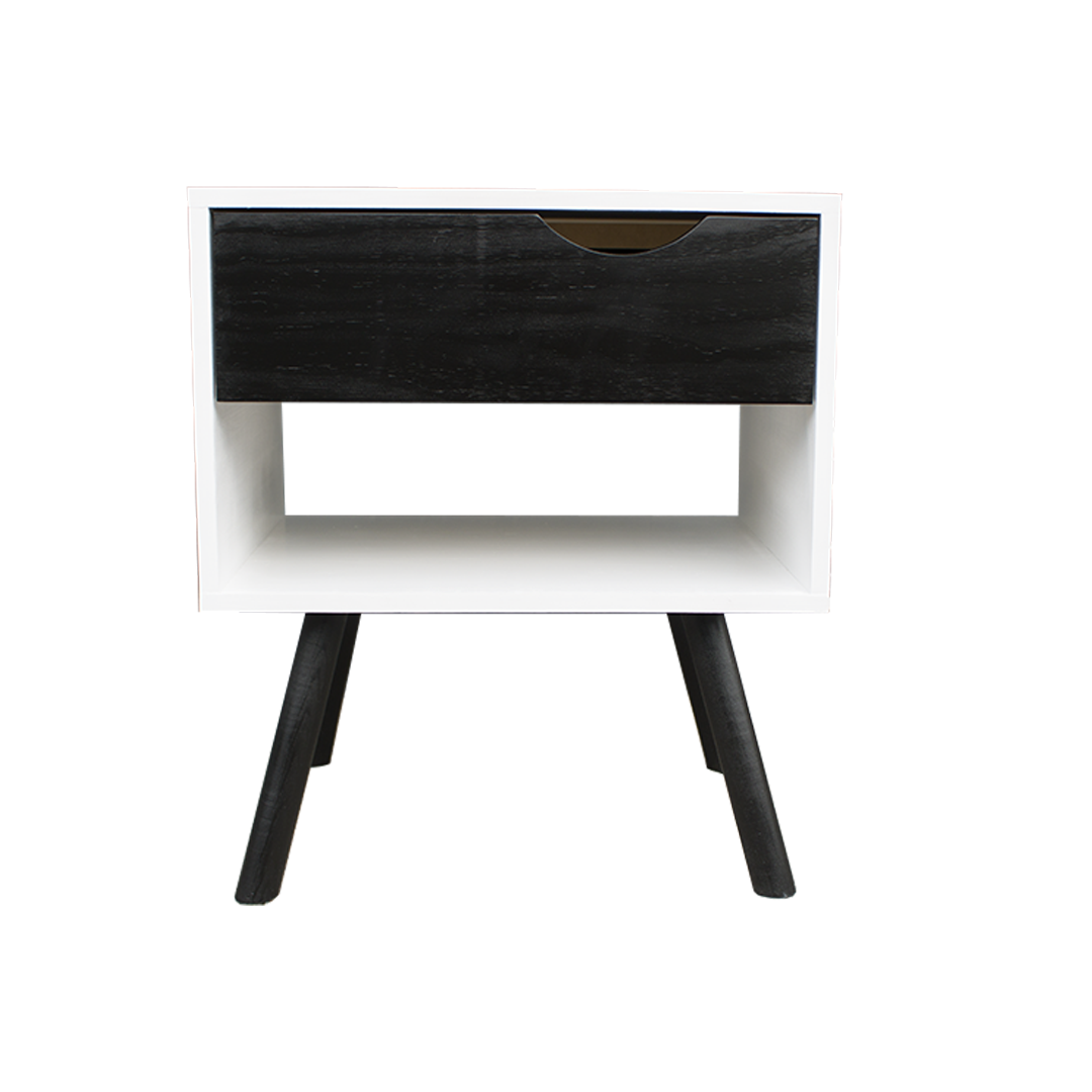 Buró Vilcova, vista frontal del buró con cajón personalizable en color blanco y negro.