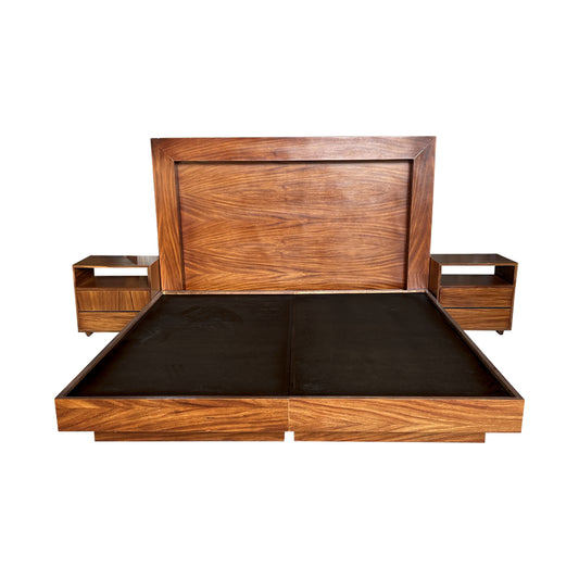 Recámara Nantes, base para cama con cabecera y burós integrados en color café barnizado.