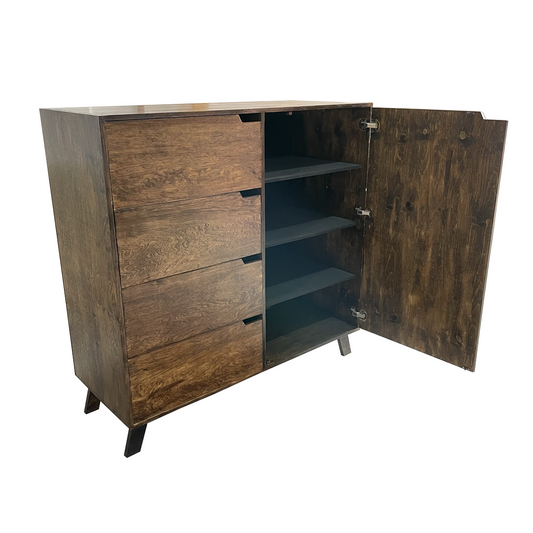 Cómoda Bruselas, mueble con cuatro cajones y una puerta que en su interior se encuentra dividida en cuatro repisas.