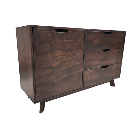 Cómoda Nápoles, mueble para el hogar en color oscuro con acabados en madera, cuenta con tres cajones medianos y uno grande.