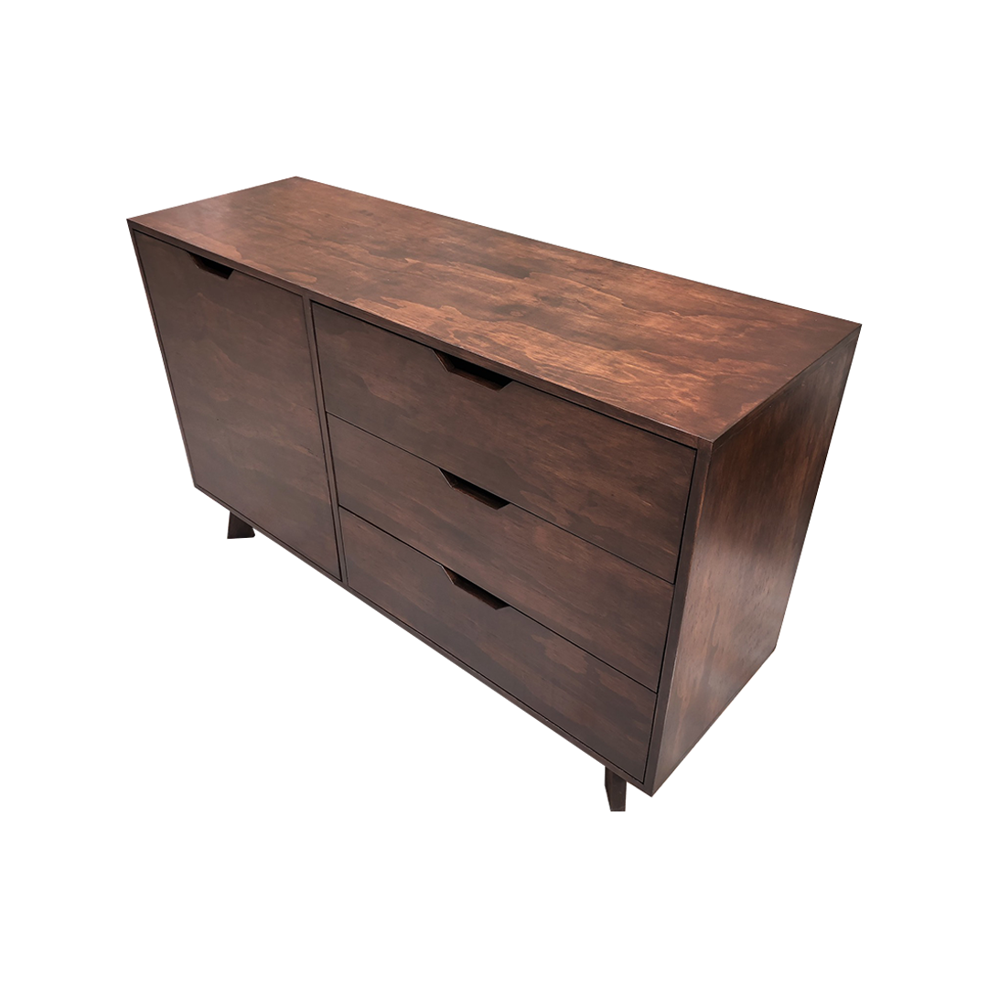 Cómoda Nápoles, vista lateral del mueble para el hogar mostrando los detalles en madera oscura.