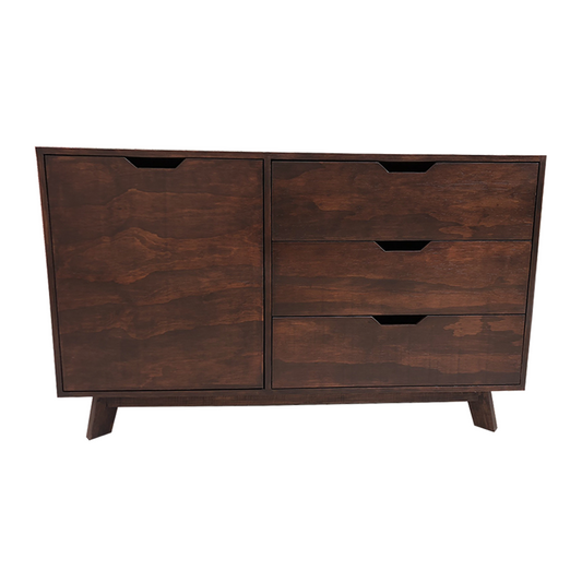 Cómoda Nápoles, vista frontal del mueble mostrando los detalles de las cajoneras en color obscuro y acabados de madera.