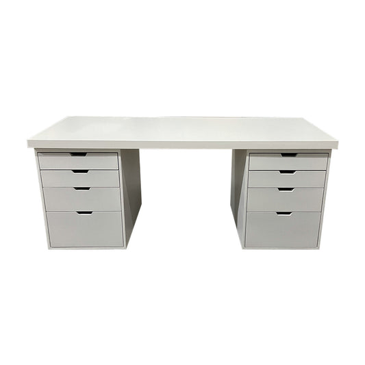 Escritorio Lisboa, vista frontal del artículo de oficina con cajoneras en los laterales en color blanco liso.