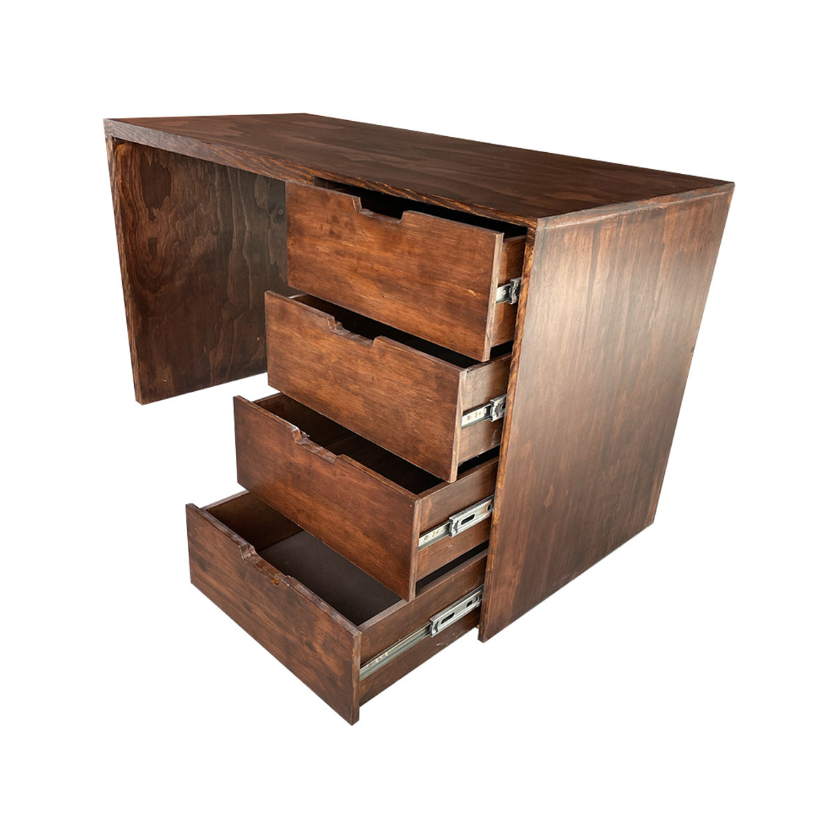 Escritorio Gerona, muestra detalle de los cajones abiertos en color café barnizado.