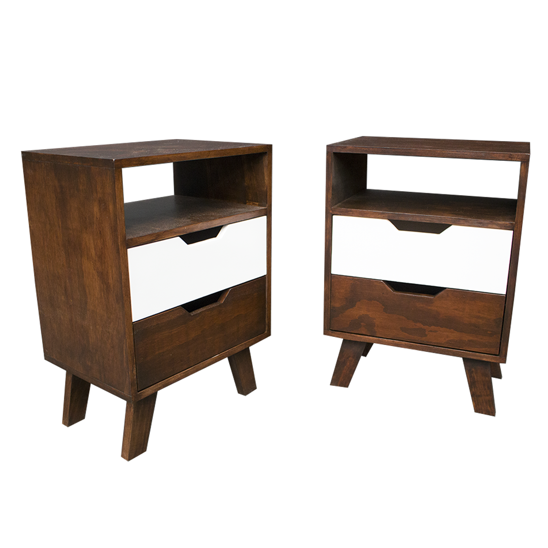 Buró Bruges Nogal, muestra de dos muebles en color café y blanco con dos cajones.