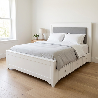 Base de cama Montpellier, color blanco, material MDF, con cinco cajones y cabecera acolchonada  