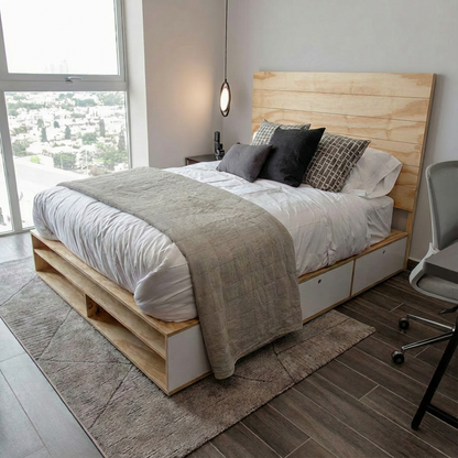 Recámara Blois, con buros blancos y repisas en la parte de la basa de cama deal para almacenar cosas.
