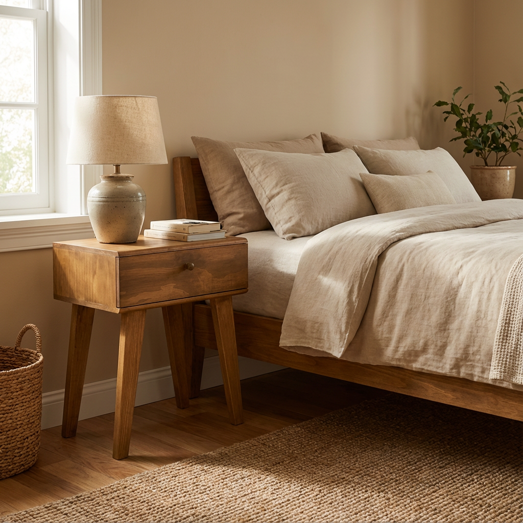 Buró de madera rústicos, junto a una cama, el buró muestra su función teniendo accesorios encima de él.