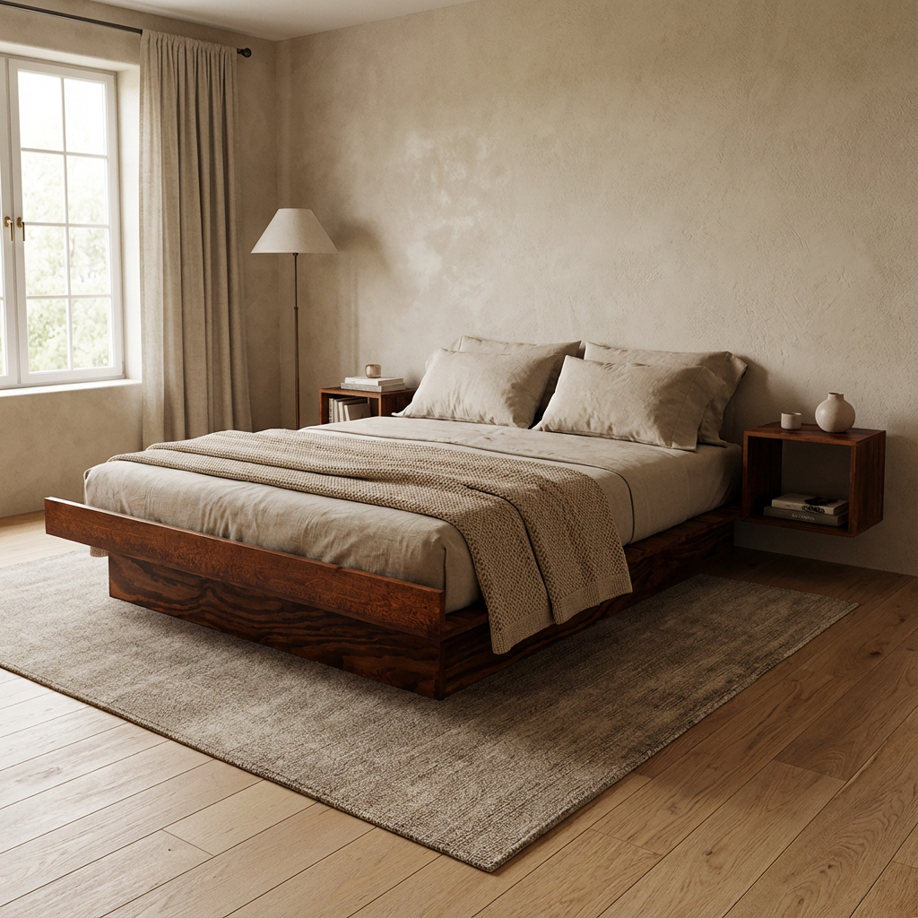 Recámara Rabot, base de cama instalada en la habitación, vista desde unilateral para lucir los detalles.