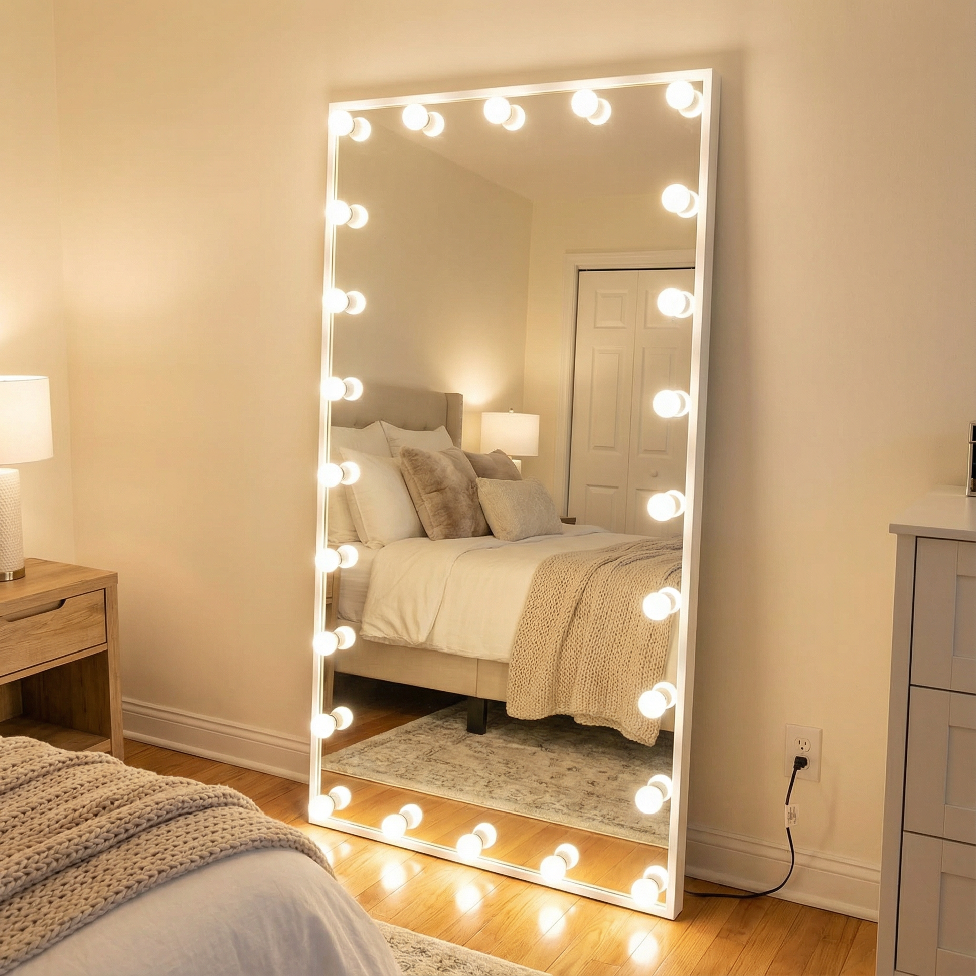 Espejo con varios focos encendidos instalados en la orilla, ubicado dentro de una recámara.