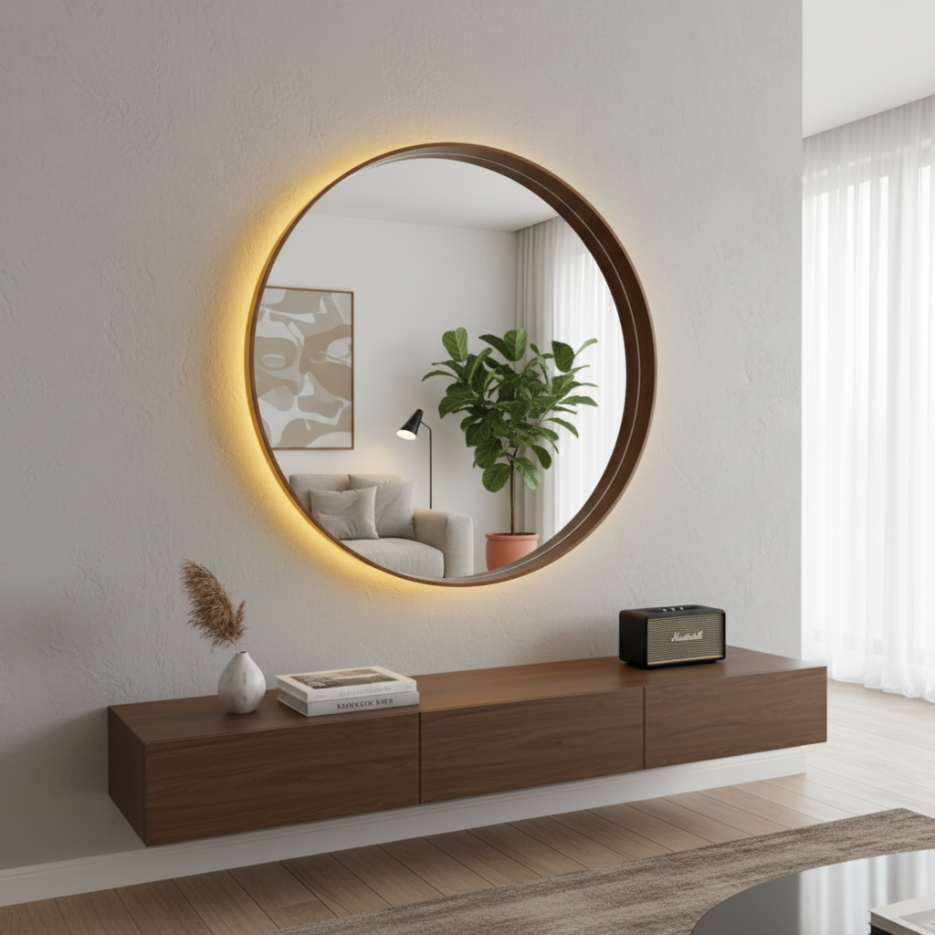 Espejo redondo con marco y luz, dentro de un ambiente en sala.