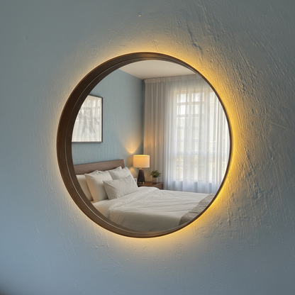 Espejo redondo con marco y luz incluida.