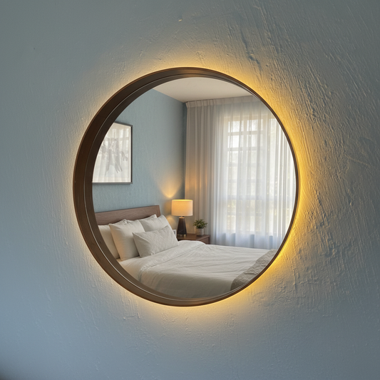 Espejo redondo con marco y luz incluida.