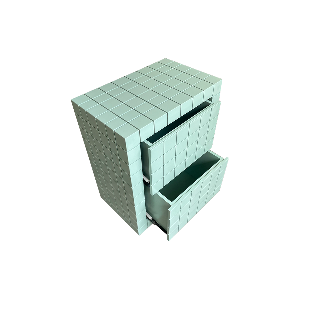 Buró para recámara, vista lateral superior del mueble, mostrando el funcionamiento de los cajones.