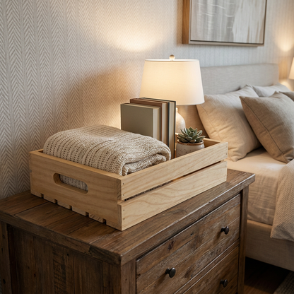 Boxe de madera natural, para almacenar cosas dentro de una recámara.
