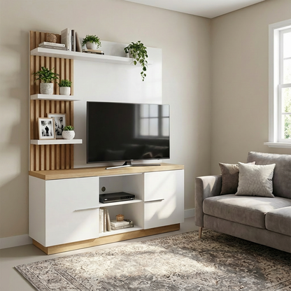 Mueble para TV, en sala, viendo el funcionamiento del mueble.