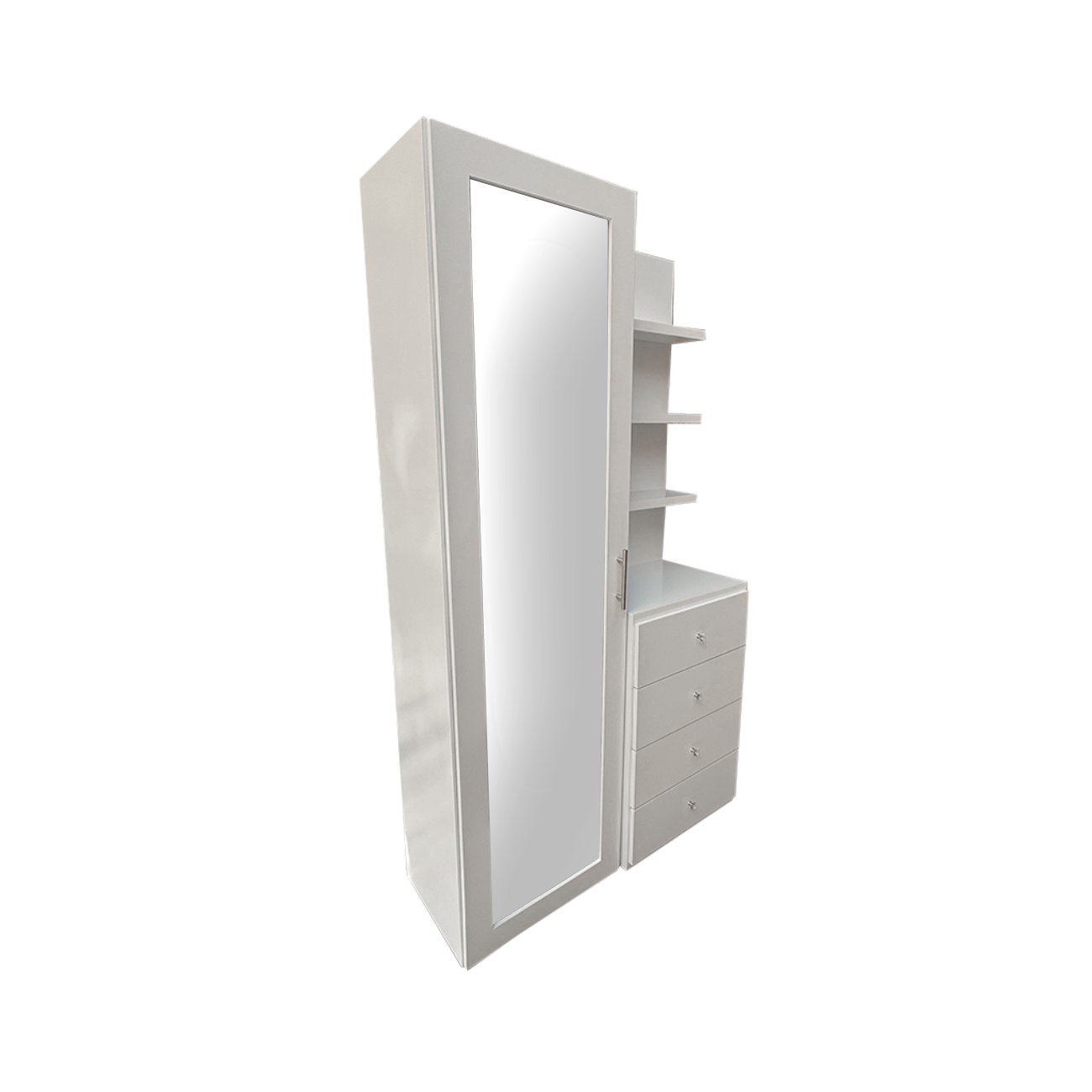 Tocador con espejo Amalfi con vista lateral enfocando los detalles del mueble. 