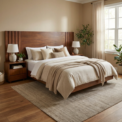 Recámara Rennes, cabecera con base de cama y burós en color café barnizado, cuenta con cuatro tamaños diferentes, ideal para renovar tu recámara. 