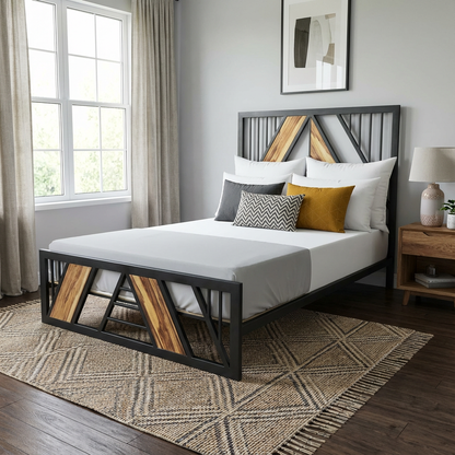 Base de cama estilo industrial, con cabecera, de tamaño matrimonial.