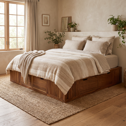 Base de cama sin cabecera y cajones integrados, dentro de una habitación mostrando su funcionalidad. 