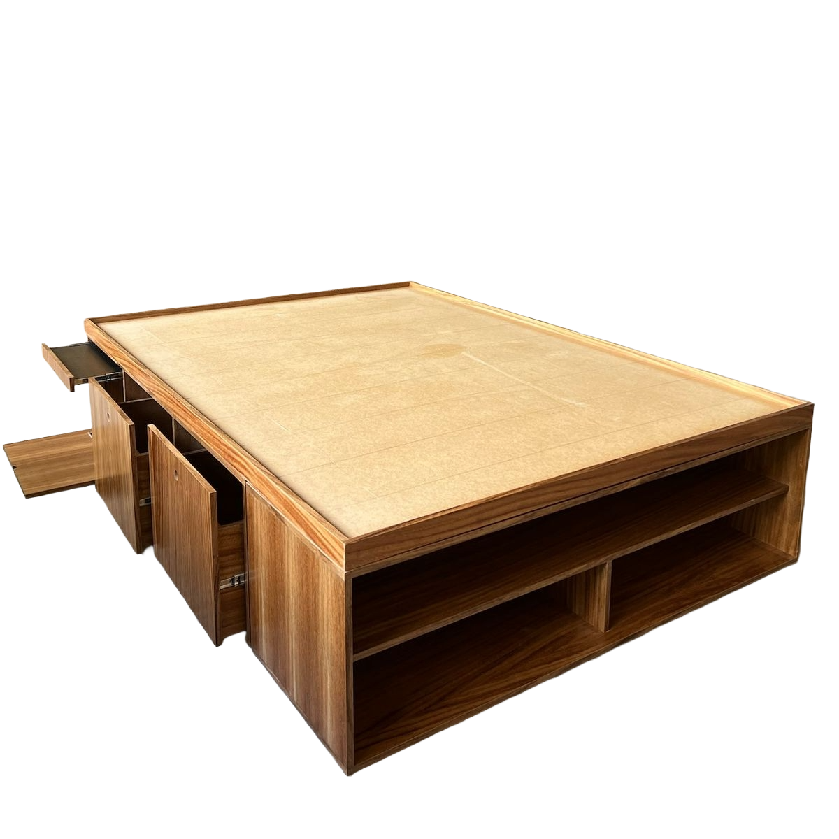 Base de cama con burós y cajones integrados, con vista laterial mostrando su almacenamiento.