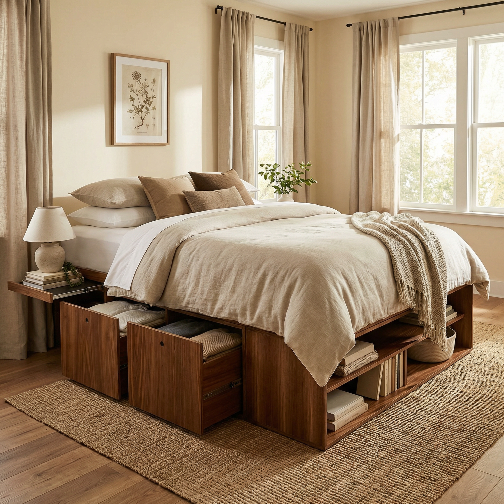 Base de cama en un ambiente, con vista lateral mostrando funcionamiento de los cajones.