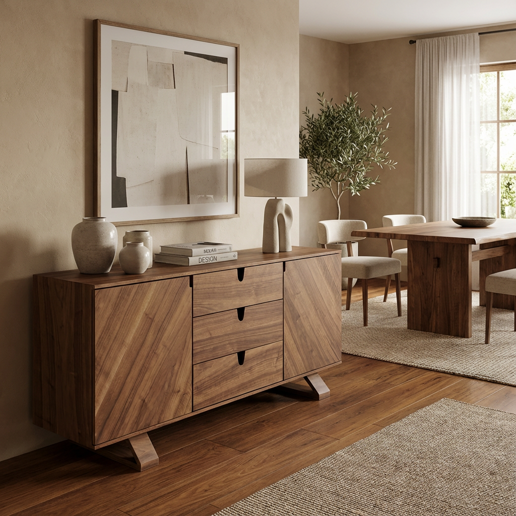 Bufetera moderna, con tres cajones y dos puertas, dentro del área del comedor, viendo el funcionamiento del mueble.