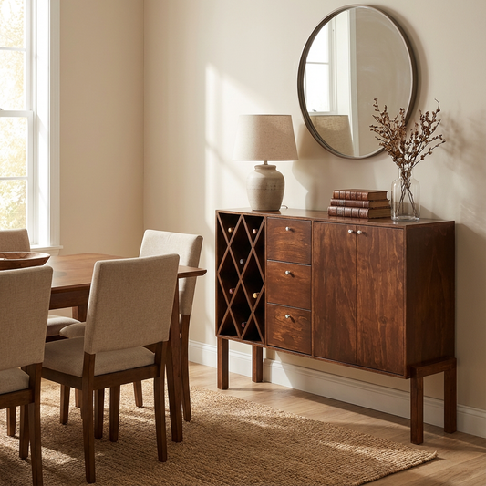 Bufetera de madera, mostrando el funcionamiento del mueble dentro del área de comedor.