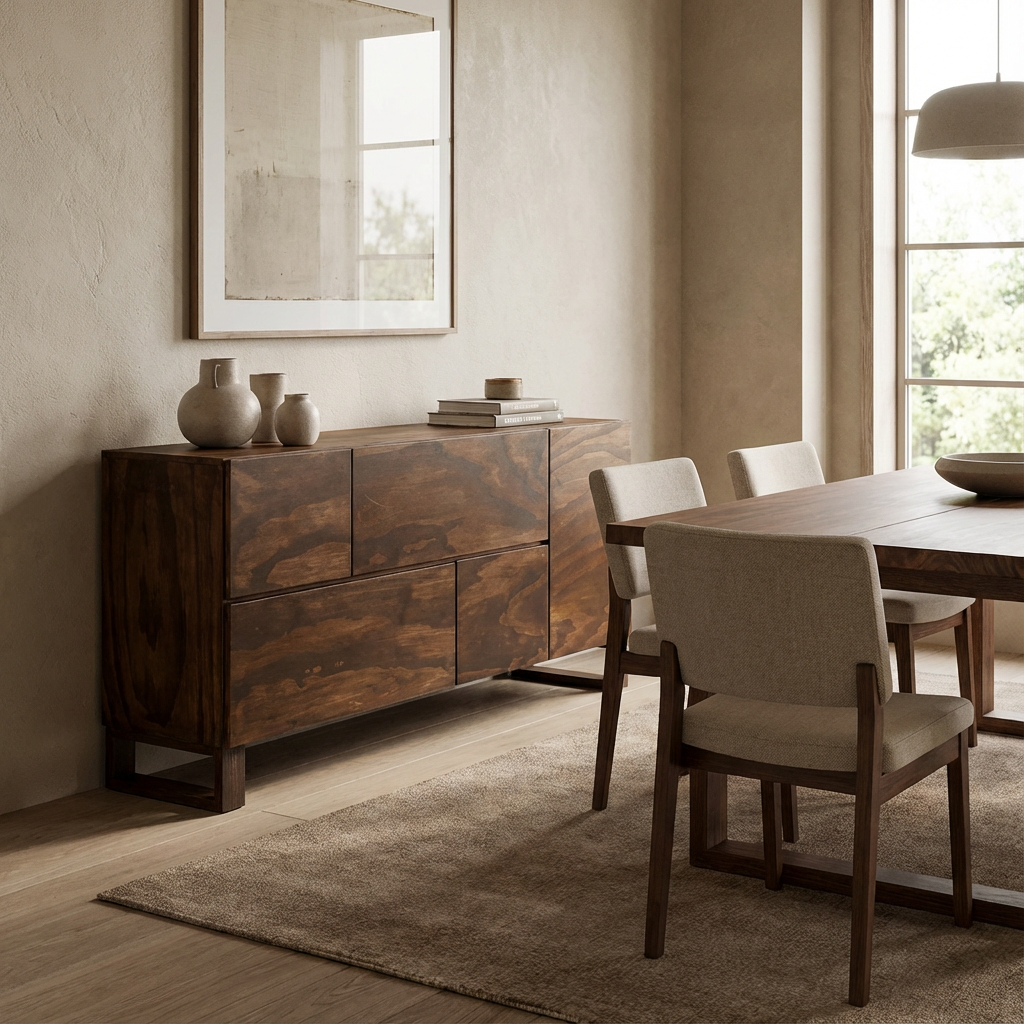 Bufetera de madera, dentro del área de comedor, viendo su funcionamiento.