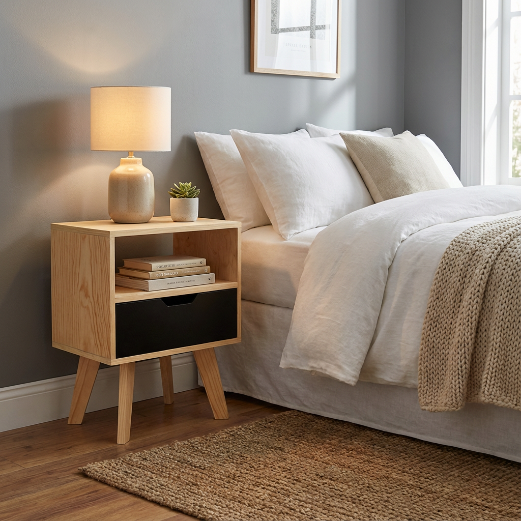 Buró Alcalá Black mostrandose junto a una cama, teniendo una lámpara, libros y planta encima del buró.