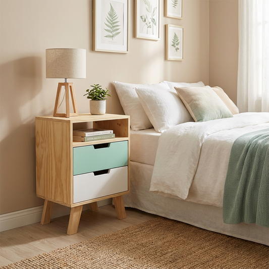 Buró Bruges, con dos cajons, color menta y blanco, junto a una cama dandole combinación al buró.