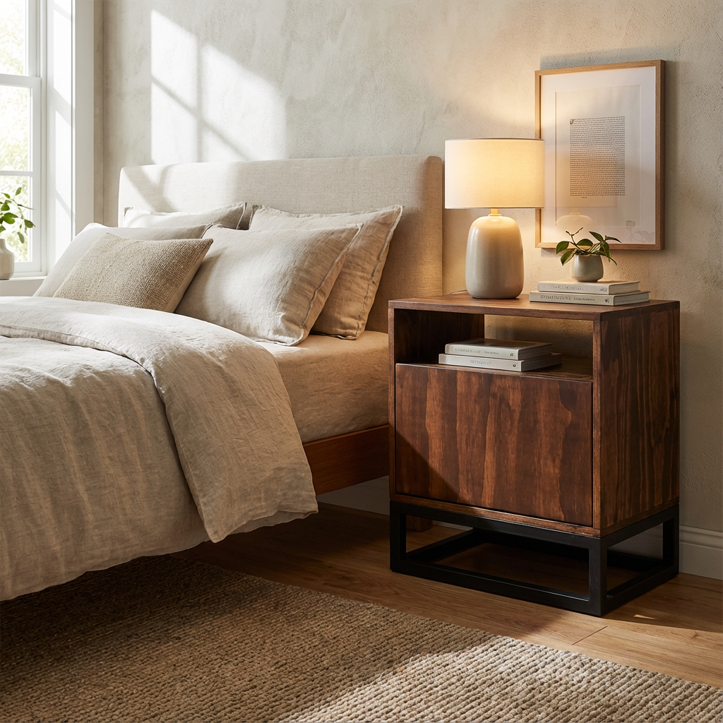 Buró Estilo Industrial Kafka, junto a una cama, mostrando su función como mueble.