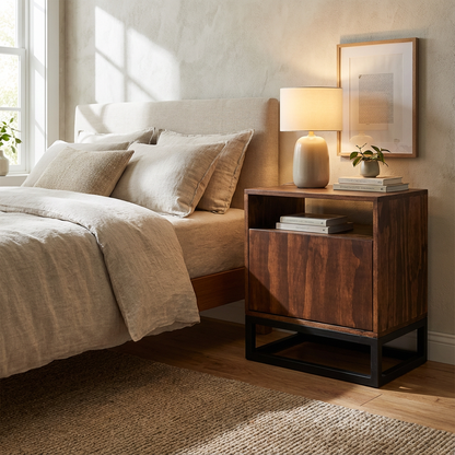 Buró Estilo Industrial Kafka, junto a una cama, mostrando su función como mueble.