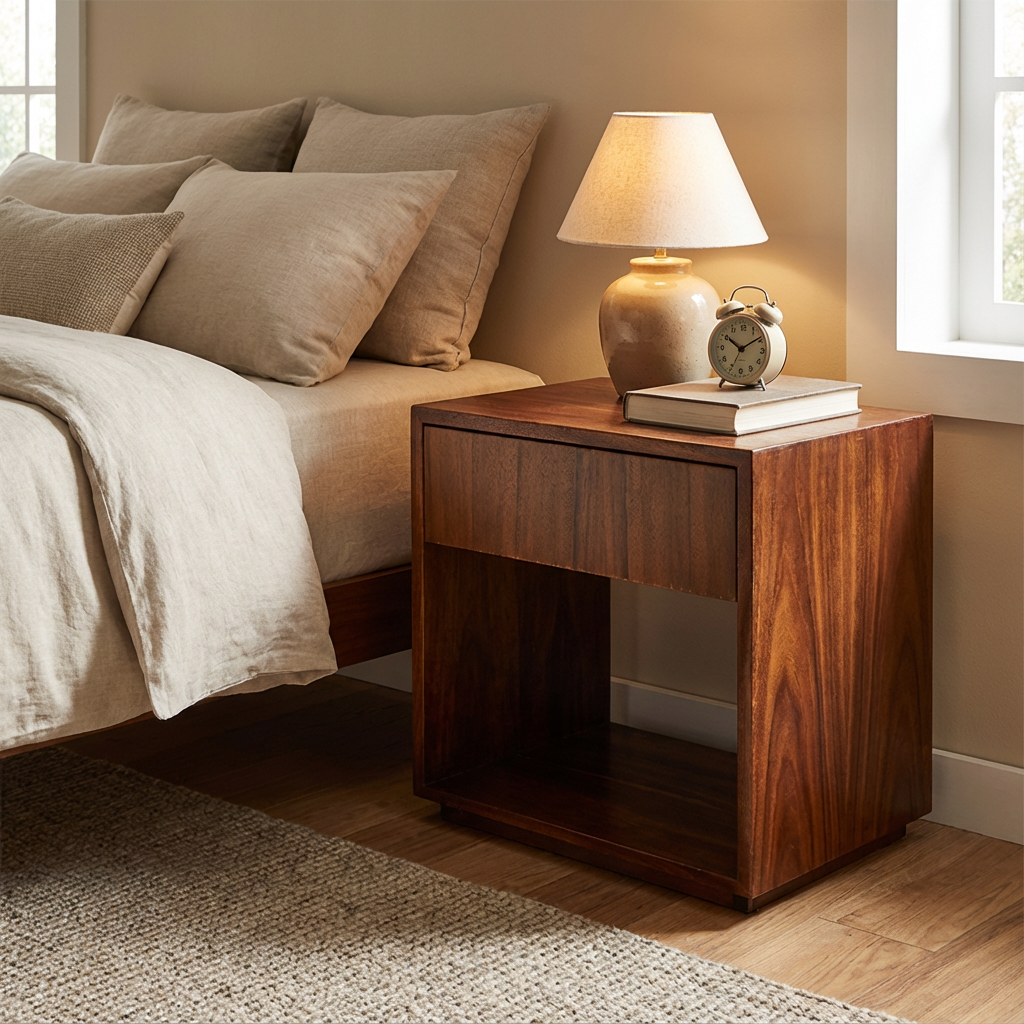 Buró de madera con un cajón integrado, con acabado parota,en una recámara al estilo natural.