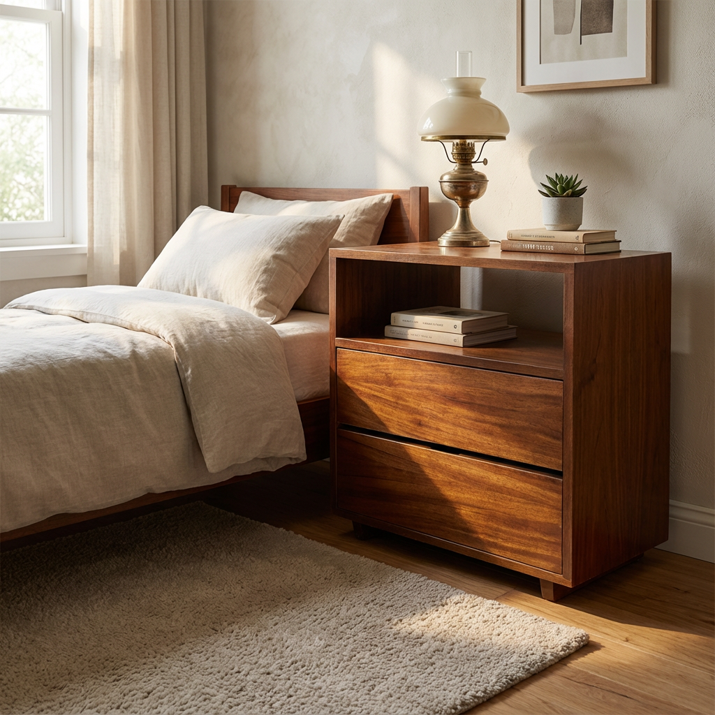 Buró de madera de dos cajones y un entrepaño acabado en parota, a lado de una cama indivivual.