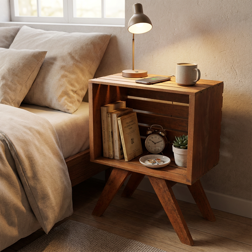 Buro Paolo mostrandose junto a una cama, teniendo accesorios encima del buró,