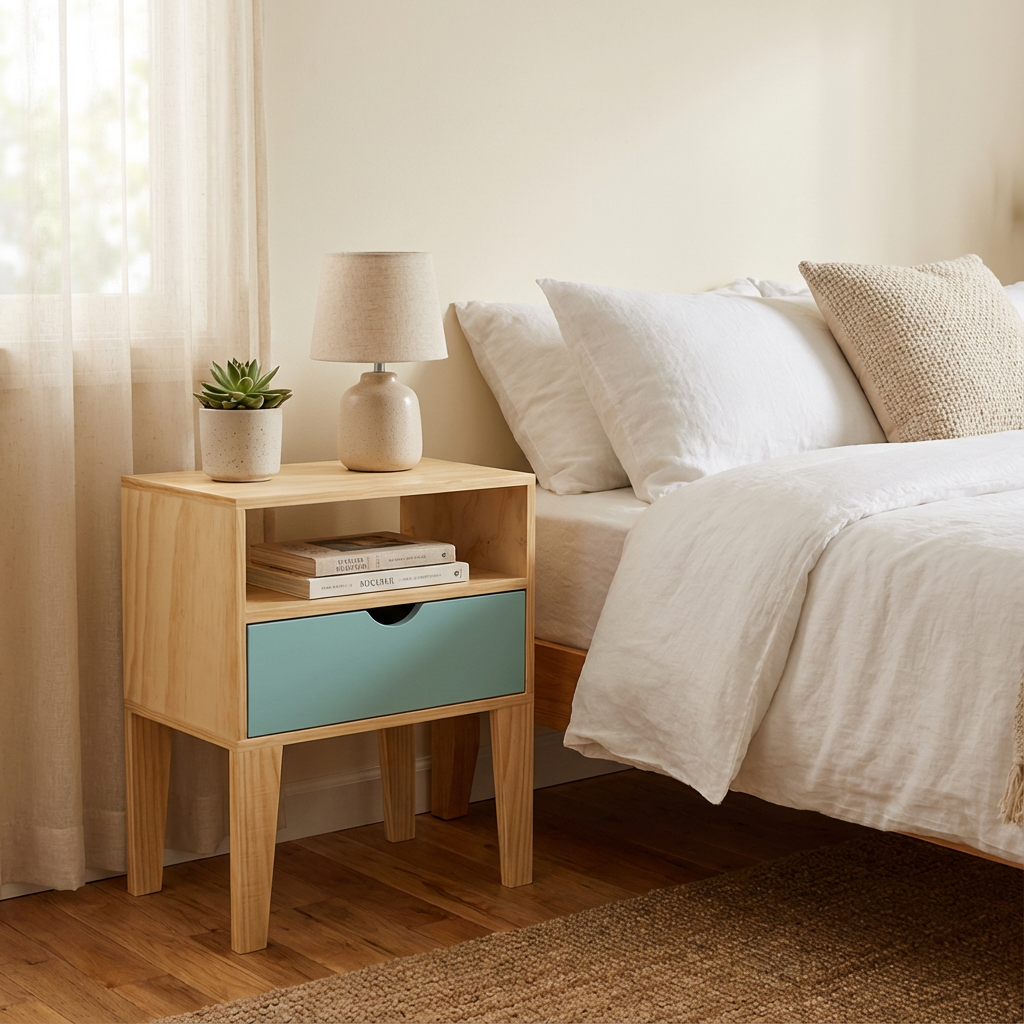 Buró Salamanca Mint, junto a una cama, teniendo encima del buró lámpara, planta y libros.