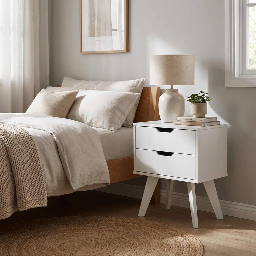 Buró Teodoro Full White dentro de una recámara junto a una cama, mostrando estilo y acabado.