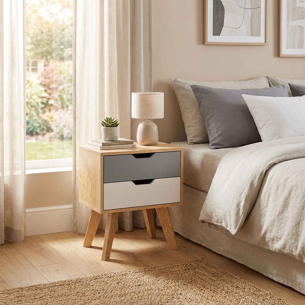 Buró Teodoro Grey dentro de un recámara, junto a una cama, teniendo accesorios encima del buró.