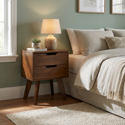 Buró Teodoro junto a una base cama, teniendo encima del buro libros y lámpara.