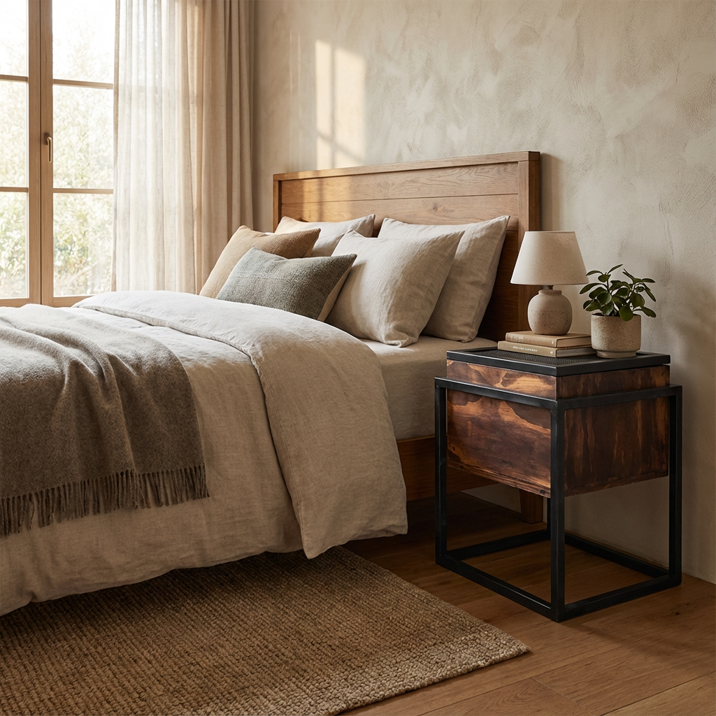 Buró estilo industrial con puerta de herreria, dentro de una habitación estilo natural.