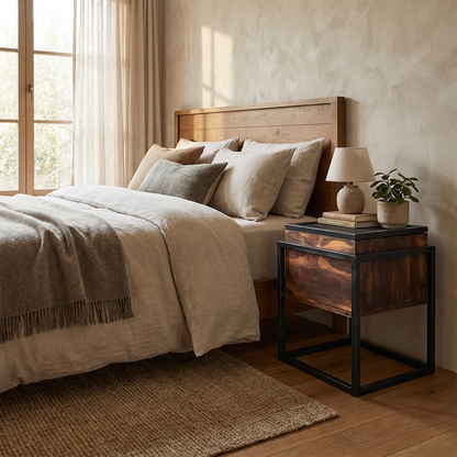 Buró estilo industrial con puerta de herreria, dentro de una habitación estilo natural.